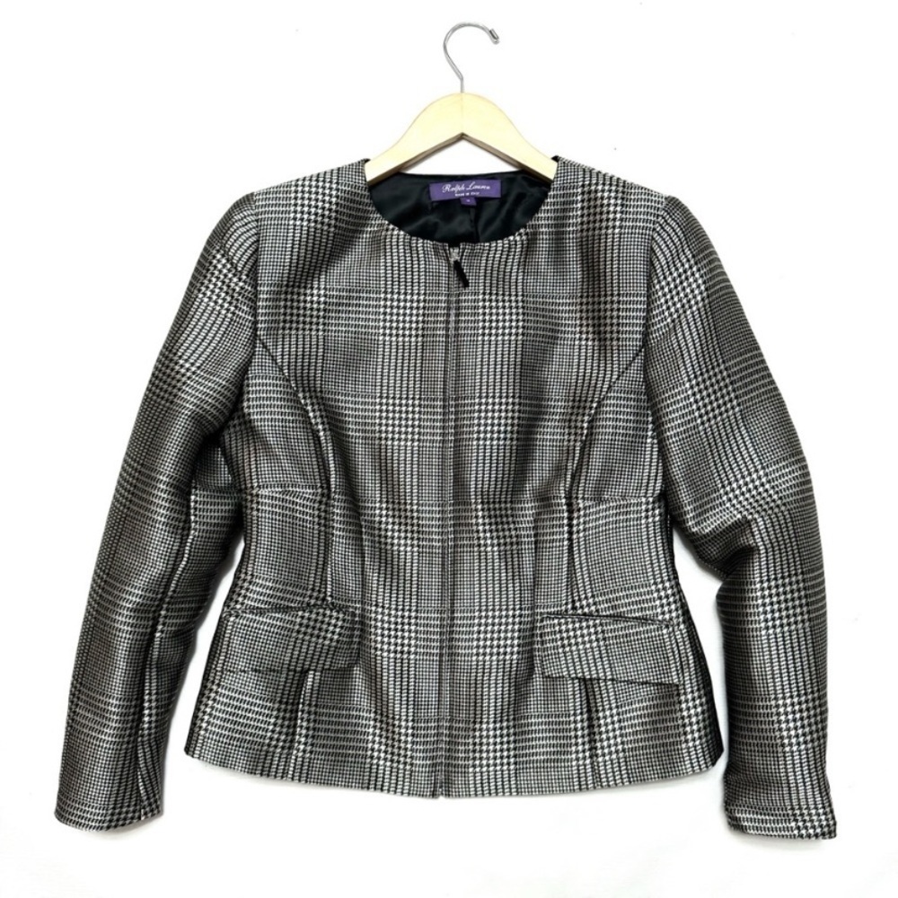 RALPH LAUREN PURPLE LABEL Sz 14 Houndstooth Full Zip Jacket Wool Linen M…    
